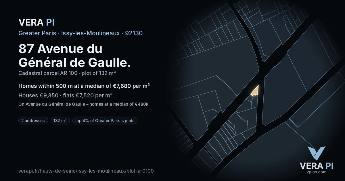 87 Avenue du Général de Gaulle, Issy-les-Moulineaux at night – the plot lit, the parcels around coloured by the prices near them