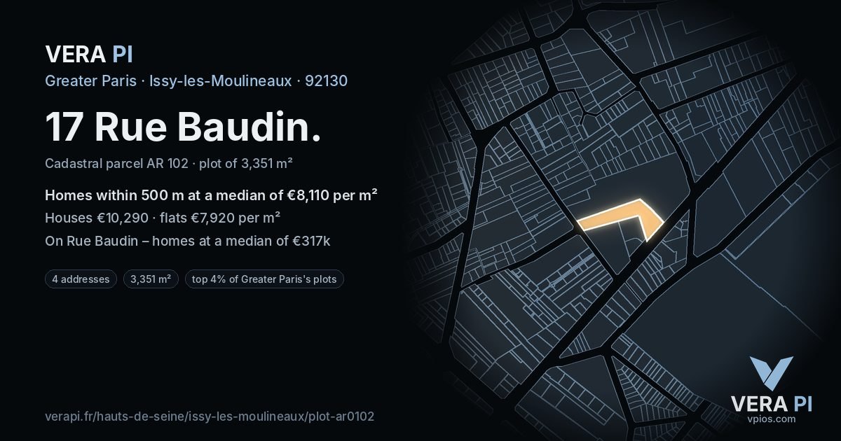 17 Rue Baudin, Issy-les-Moulineaux at night – the plot lit, the parcels around coloured by the prices near them