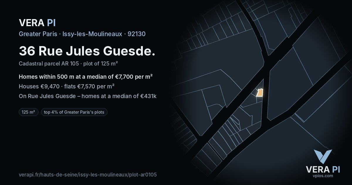 36 Rue Jules Guesde, Issy-les-Moulineaux at night – the plot lit, the parcels around coloured by the prices near them