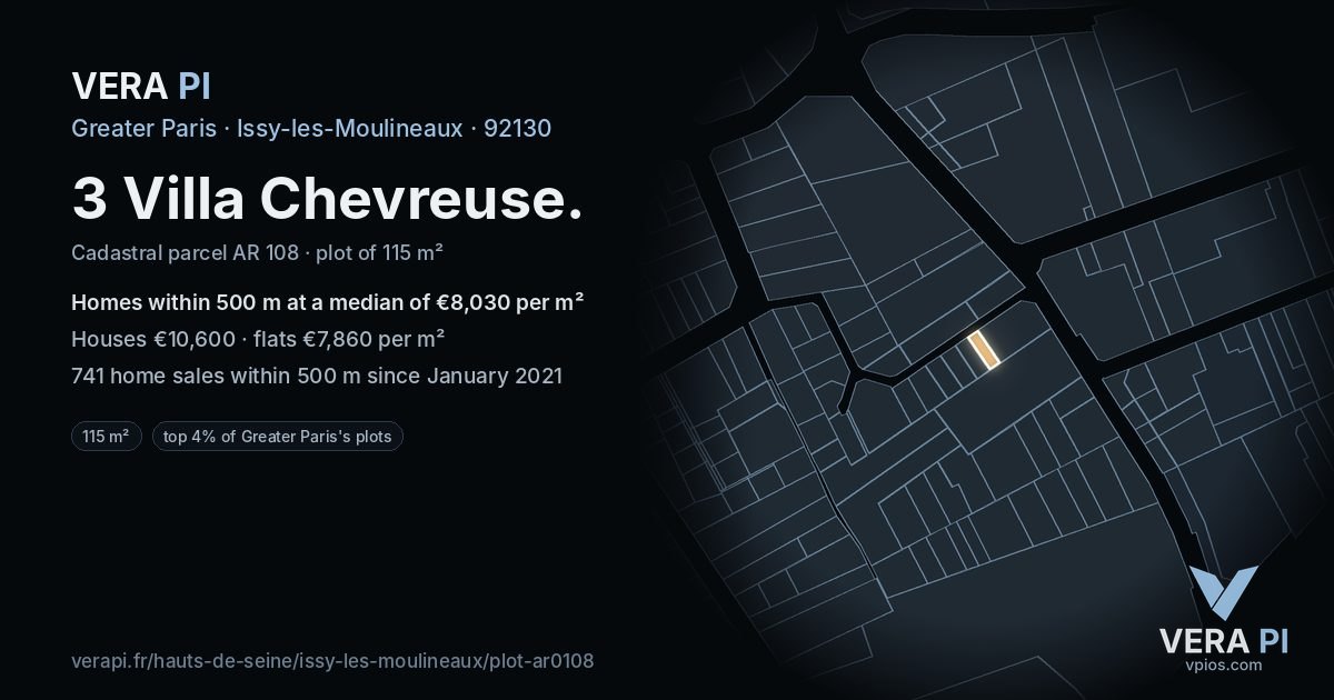 3 Villa Chevreuse, Issy-les-Moulineaux at night – the plot lit, the parcels around coloured by the prices near them