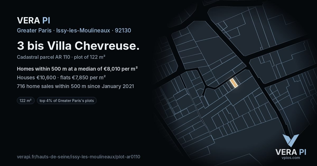 3 bis Villa Chevreuse, Issy-les-Moulineaux at night – the plot lit, the parcels around coloured by the prices near them