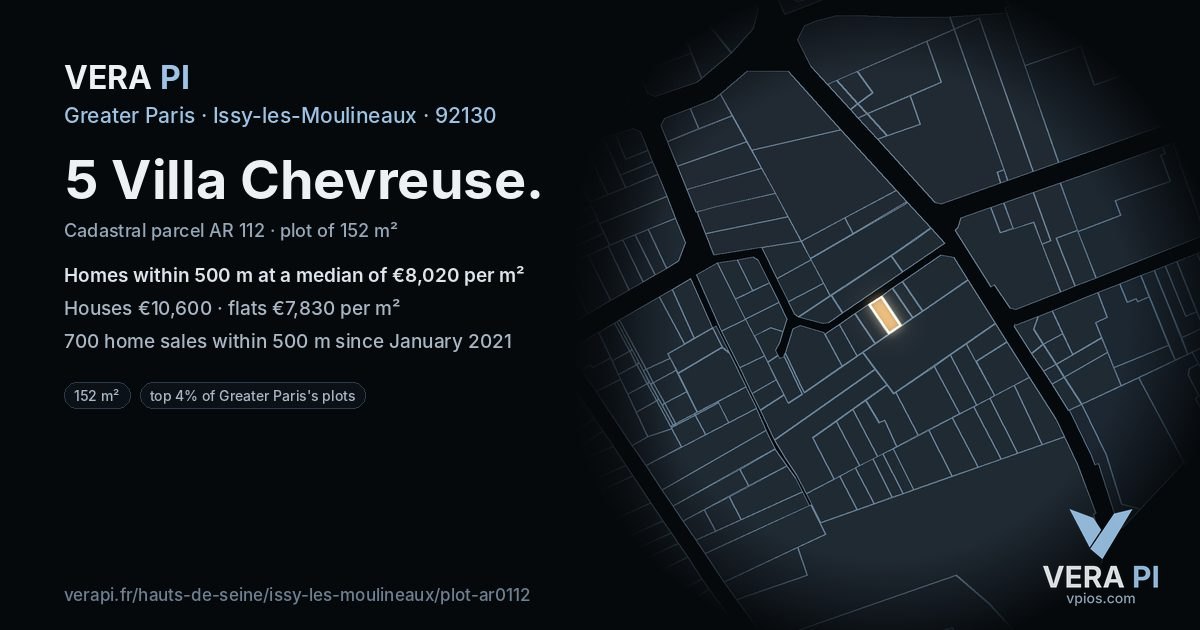 5 Villa Chevreuse, Issy-les-Moulineaux at night – the plot lit, the parcels around coloured by the prices near them