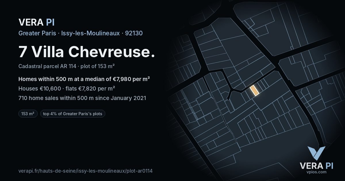 7 Villa Chevreuse, Issy-les-Moulineaux at night – the plot lit, the parcels around coloured by the prices near them