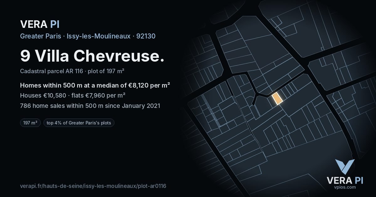 9 Villa Chevreuse, Issy-les-Moulineaux at night – the plot lit, the parcels around coloured by the prices near them