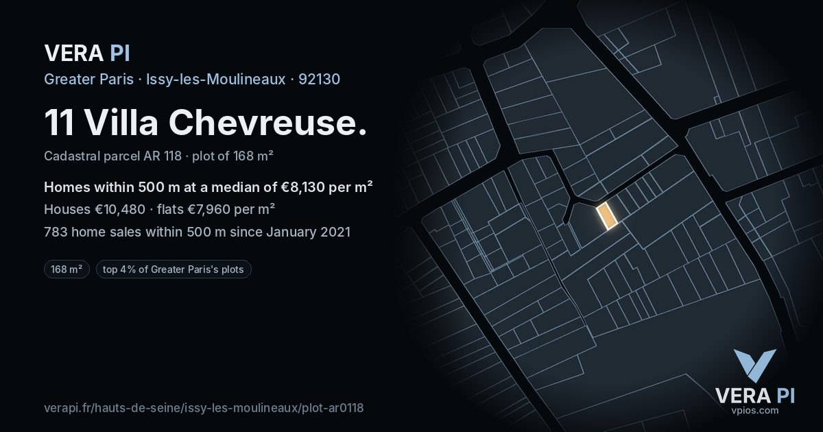 11 Villa Chevreuse, Issy-les-Moulineaux at night – the plot lit, the parcels around coloured by the prices near them