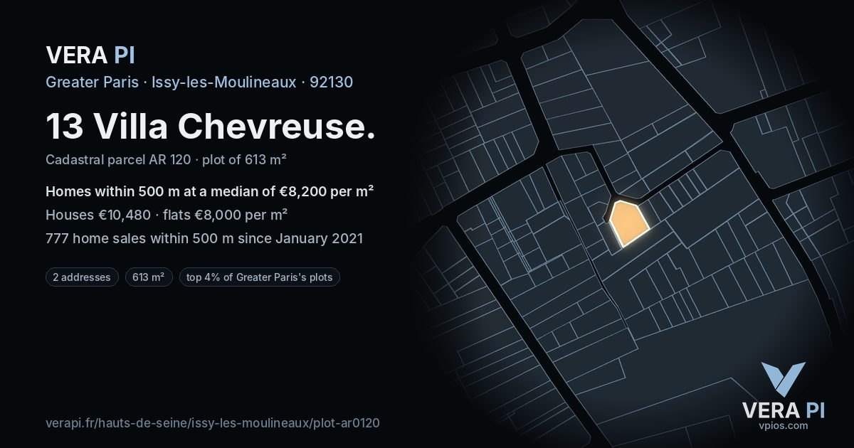 13 Villa Chevreuse, Issy-les-Moulineaux at night – the plot lit, the parcels around coloured by the prices near them
