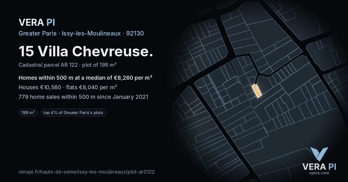 15 Villa Chevreuse, Issy-les-Moulineaux at night – the plot lit, the parcels around coloured by the prices near them