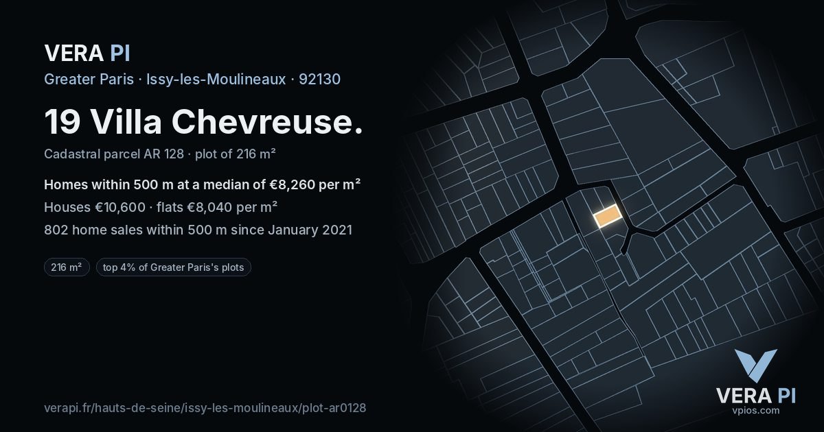 19 Villa Chevreuse, Issy-les-Moulineaux at night – the plot lit, the parcels around coloured by the prices near them