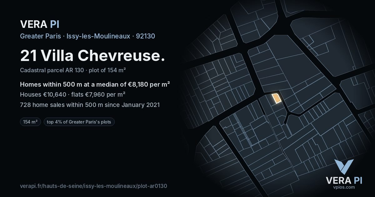 21 Villa Chevreuse, Issy-les-Moulineaux at night – the plot lit, the parcels around coloured by the prices near them
