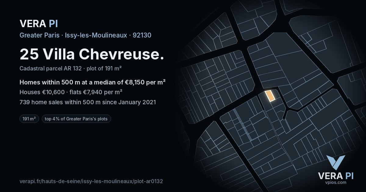 25 Villa Chevreuse, Issy-les-Moulineaux at night – the plot lit, the parcels around coloured by the prices near them