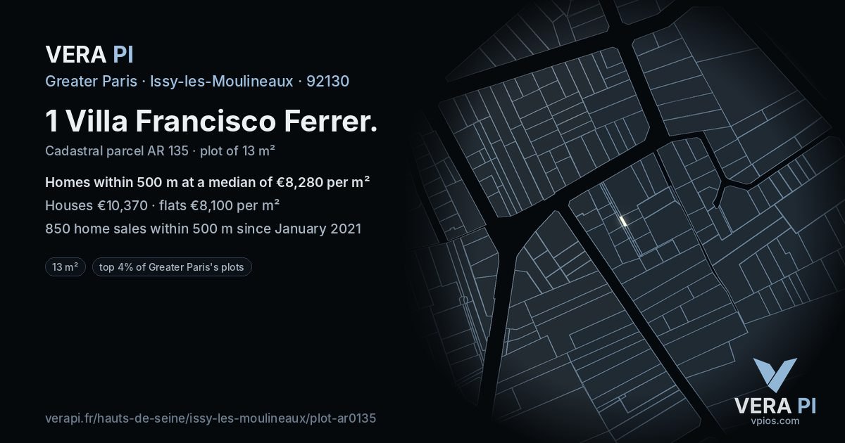 1 Villa Francisco Ferrer, Issy-les-Moulineaux at night – the plot lit, the parcels around coloured by the prices near them