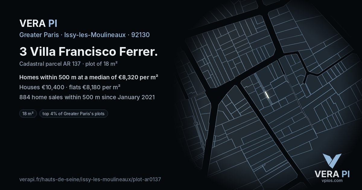 3 Villa Francisco Ferrer, Issy-les-Moulineaux at night – the plot lit, the parcels around coloured by the prices near them