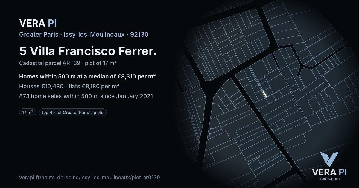 5 Villa Francisco Ferrer, Issy-les-Moulineaux at night – the plot lit, the parcels around coloured by the prices near them