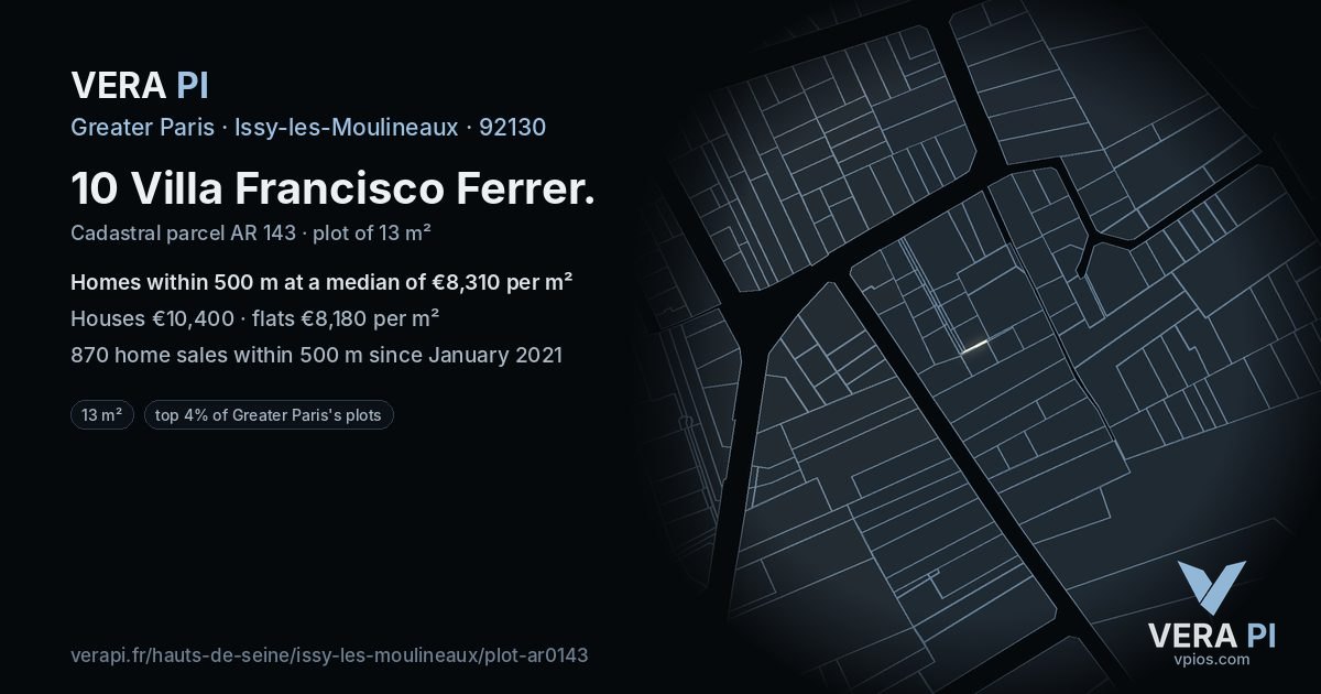 10 Villa Francisco Ferrer, Issy-les-Moulineaux at night – the plot lit, the parcels around coloured by the prices near them