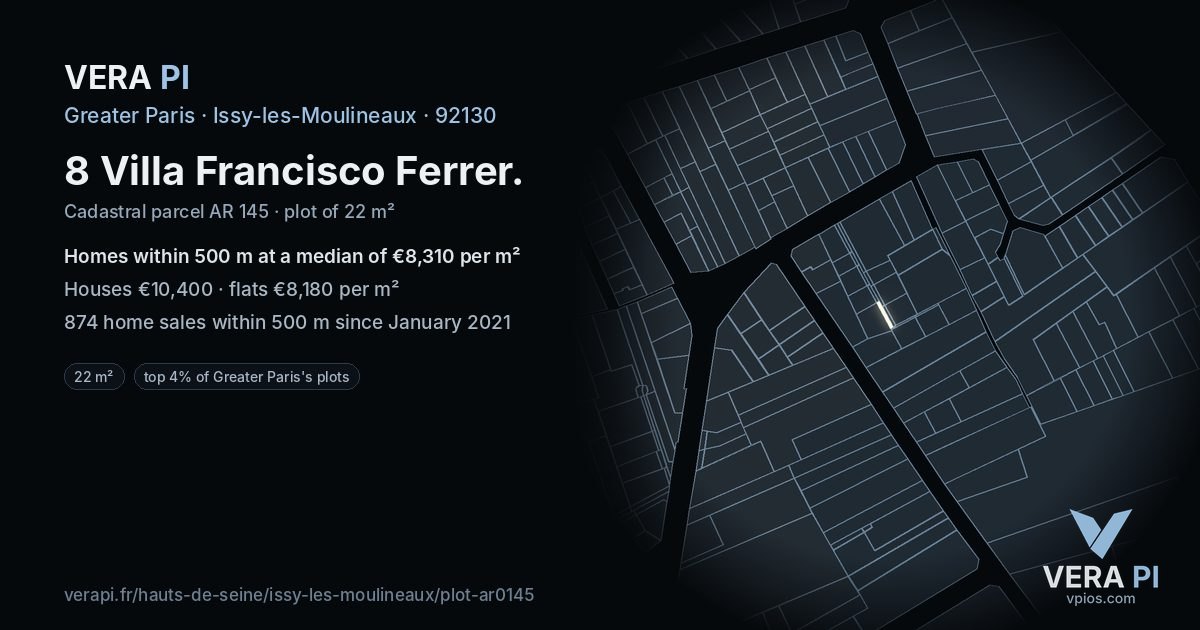 8 Villa Francisco Ferrer, Issy-les-Moulineaux at night – the plot lit, the parcels around coloured by the prices near them