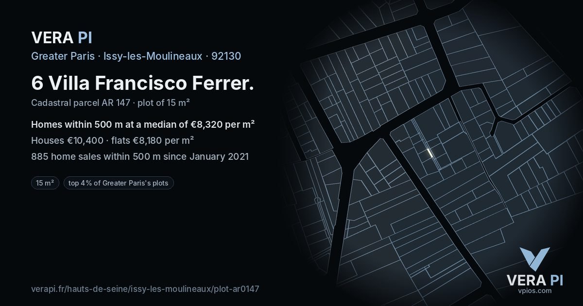 6 Villa Francisco Ferrer, Issy-les-Moulineaux at night – the plot lit, the parcels around coloured by the prices near them