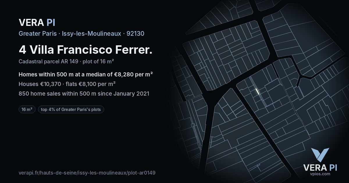 4 Villa Francisco Ferrer, Issy-les-Moulineaux at night – the plot lit, the parcels around coloured by the prices near them