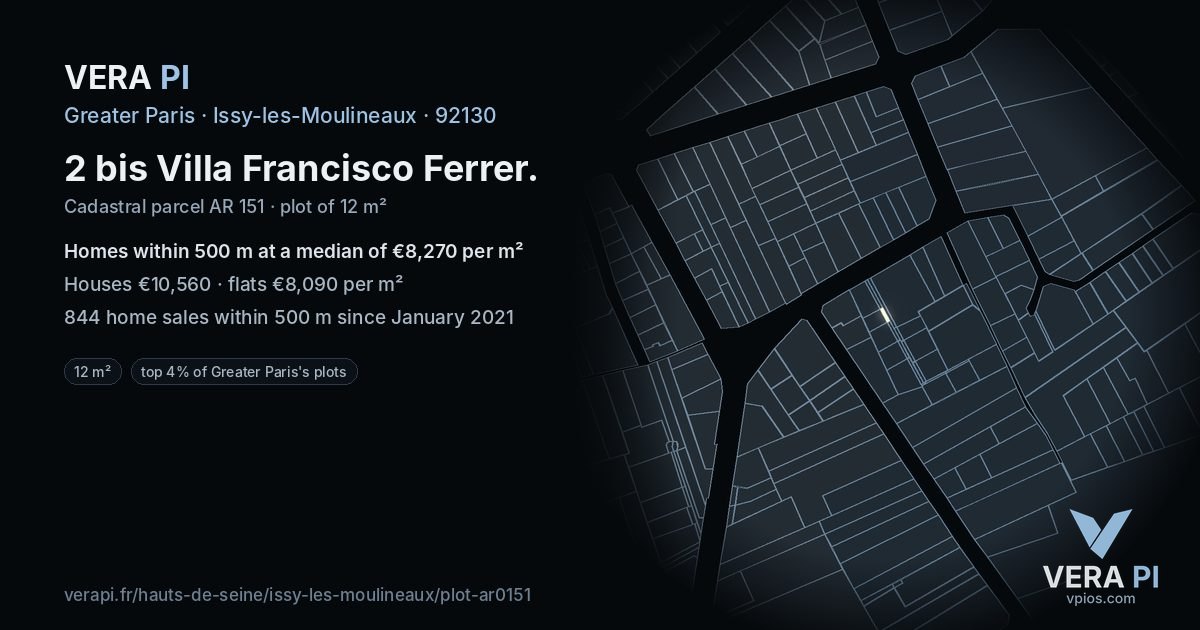 2 bis Villa Francisco Ferrer, Issy-les-Moulineaux at night – the plot lit, the parcels around coloured by the prices near them