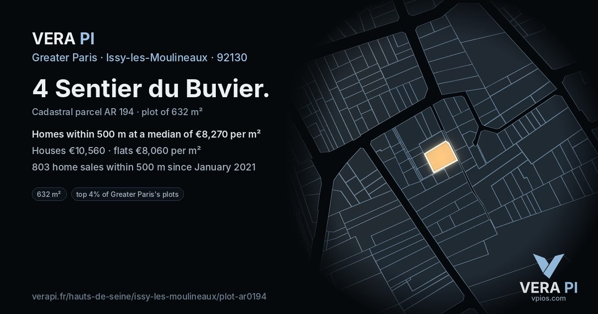 4 Sentier du Buvier, Issy-les-Moulineaux at night – the plot lit, the parcels around coloured by the prices near them