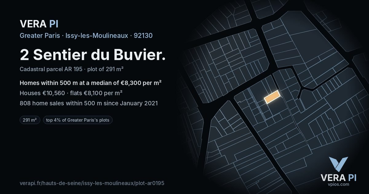 2 Sentier du Buvier, Issy-les-Moulineaux at night – the plot lit, the parcels around coloured by the prices near them