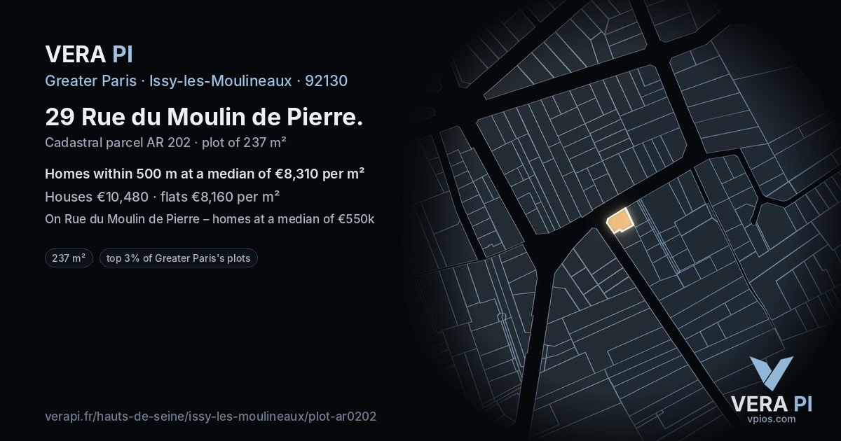 29 Rue du Moulin de Pierre, Issy-les-Moulineaux at night – the plot lit, the parcels around coloured by the prices near them