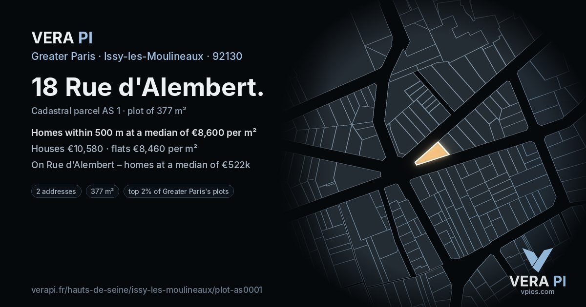 18 Rue d'Alembert, Issy-les-Moulineaux at night – the plot lit, the parcels around coloured by the prices near them