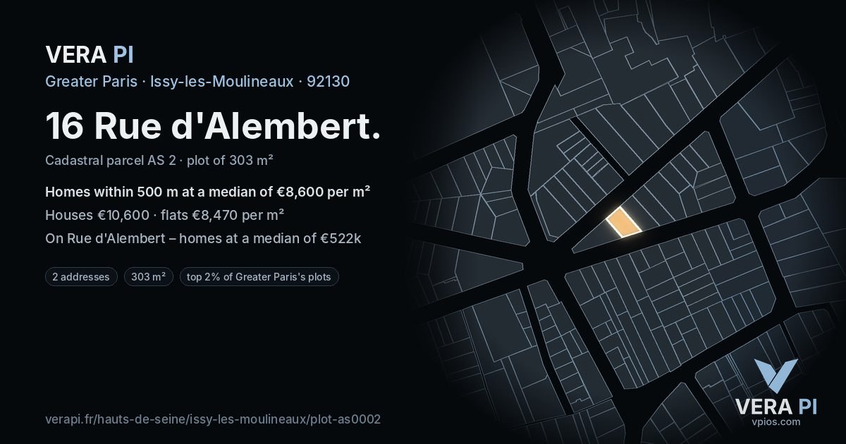 16 Rue d'Alembert, Issy-les-Moulineaux at night – the plot lit, the parcels around coloured by the prices near them