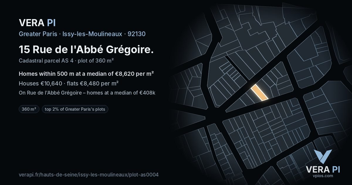 15 Rue de l'Abbé Grégoire, Issy-les-Moulineaux at night – the plot lit, the parcels around coloured by the prices near them