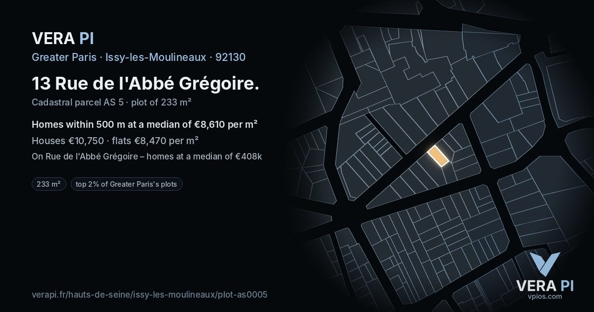 13 Rue de l'Abbé Grégoire, Issy-les-Moulineaux at night – the plot lit, the parcels around coloured by the prices near them