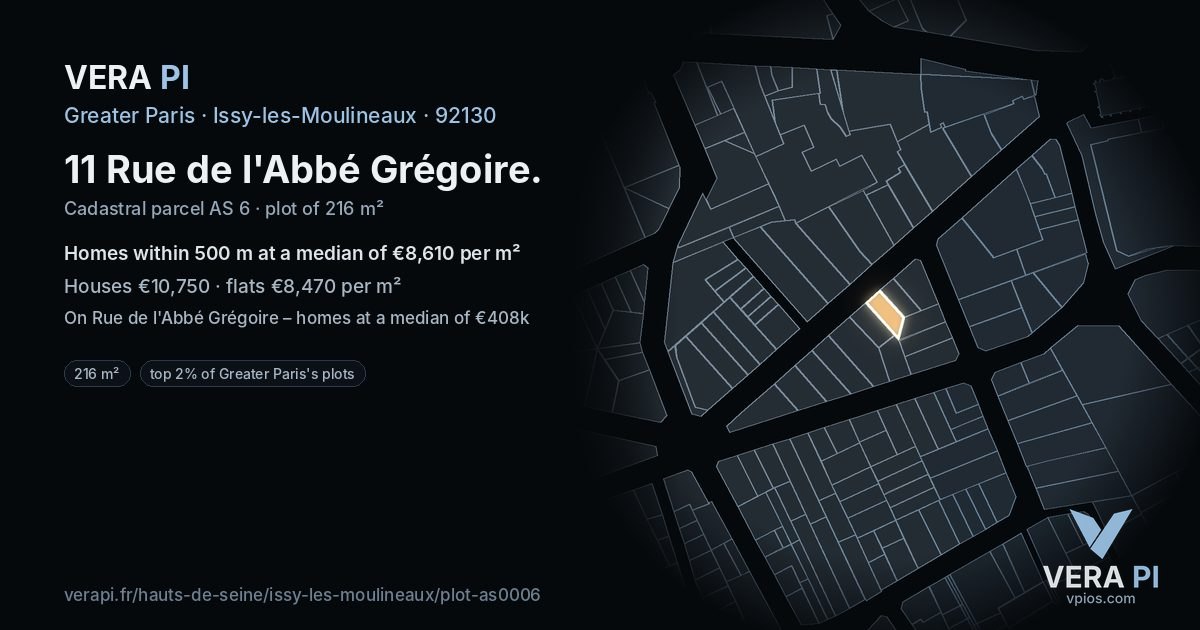 11 Rue de l'Abbé Grégoire, Issy-les-Moulineaux at night – the plot lit, the parcels around coloured by the prices near them
