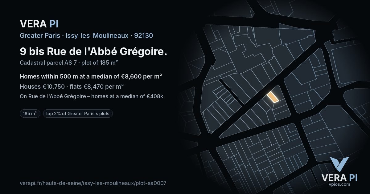 9 bis Rue de l'Abbé Grégoire, Issy-les-Moulineaux at night – the plot lit, the parcels around coloured by the prices near them