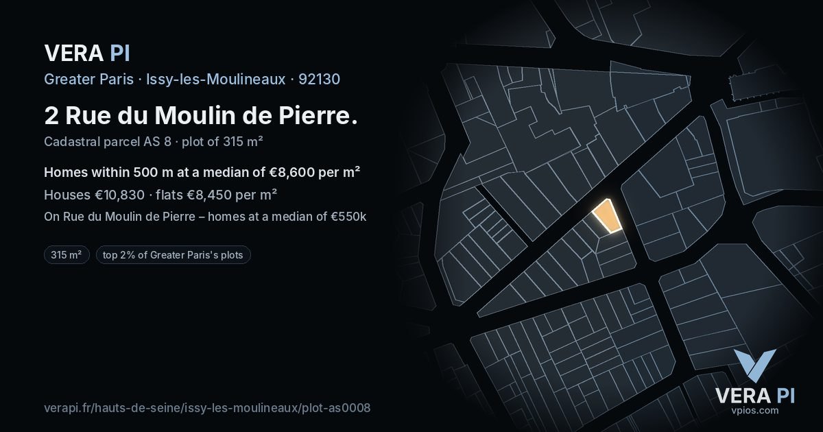 2 Rue du Moulin de Pierre, Issy-les-Moulineaux at night – the plot lit, the parcels around coloured by the prices near them