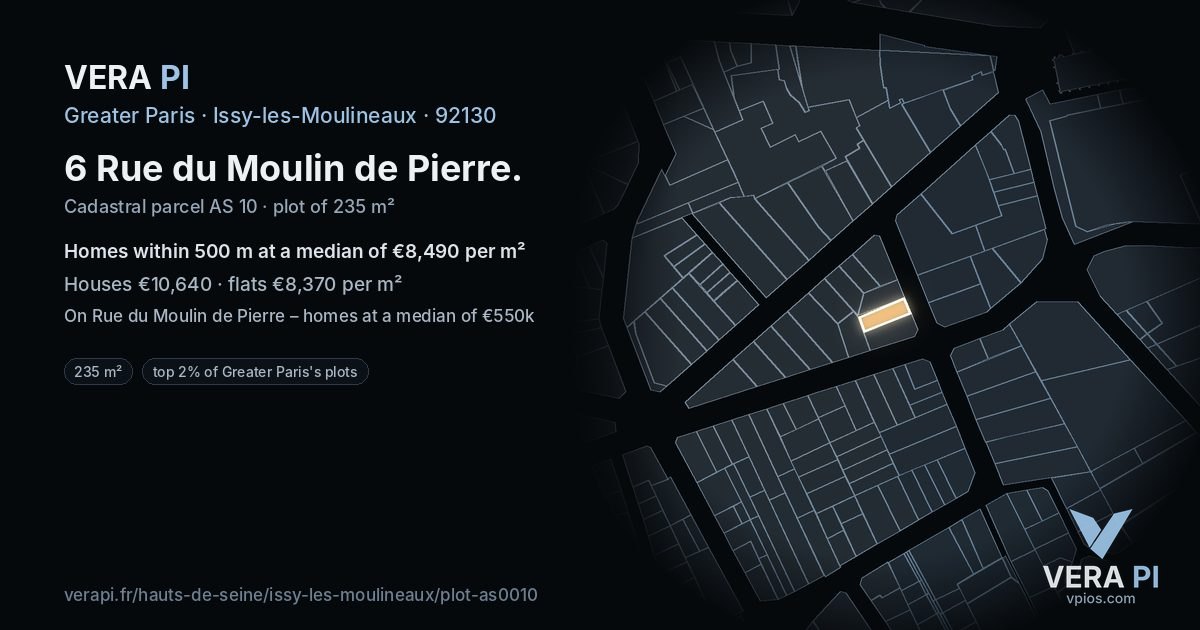 6 Rue du Moulin de Pierre, Issy-les-Moulineaux at night – the plot lit, the parcels around coloured by the prices near them