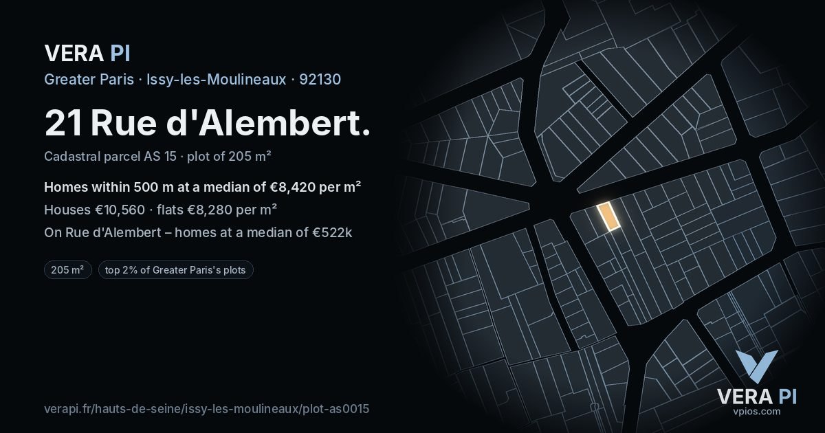 21 Rue d'Alembert, Issy-les-Moulineaux at night – the plot lit, the parcels around coloured by the prices near them