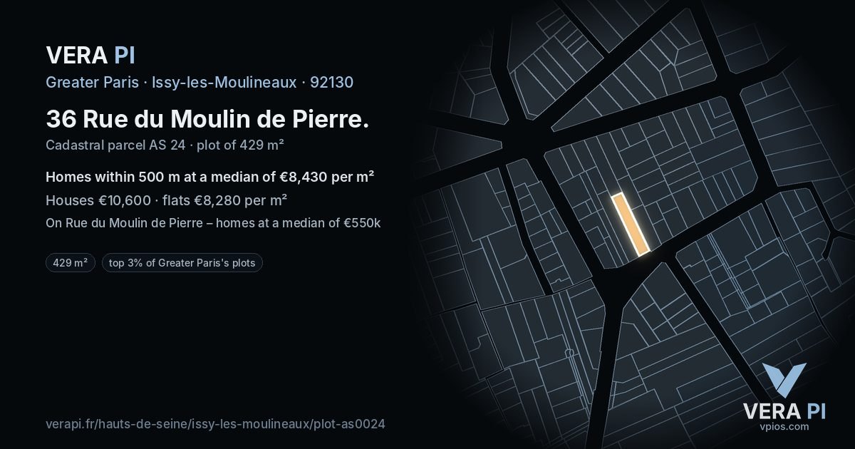 36 Rue du Moulin de Pierre, Issy-les-Moulineaux at night – the plot lit, the parcels around coloured by the prices near them