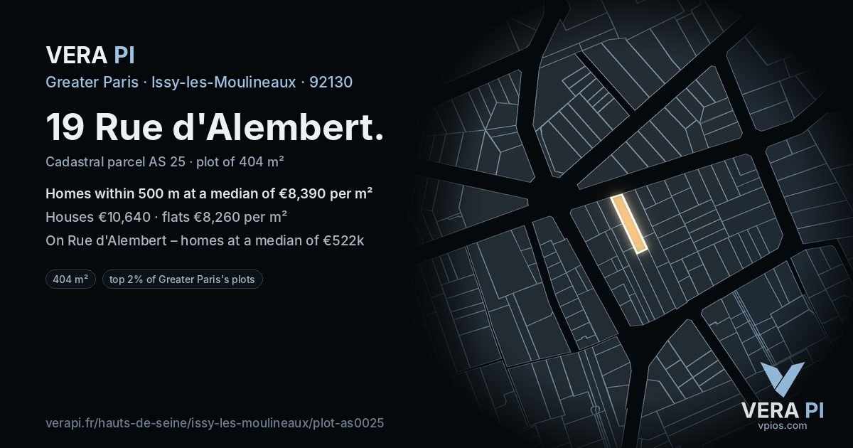 19 Rue d'Alembert, Issy-les-Moulineaux at night – the plot lit, the parcels around coloured by the prices near them
