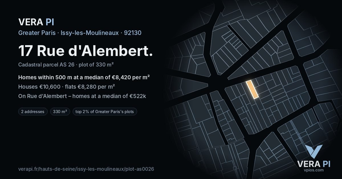 17 Rue d'Alembert, Issy-les-Moulineaux at night – the plot lit, the parcels around coloured by the prices near them