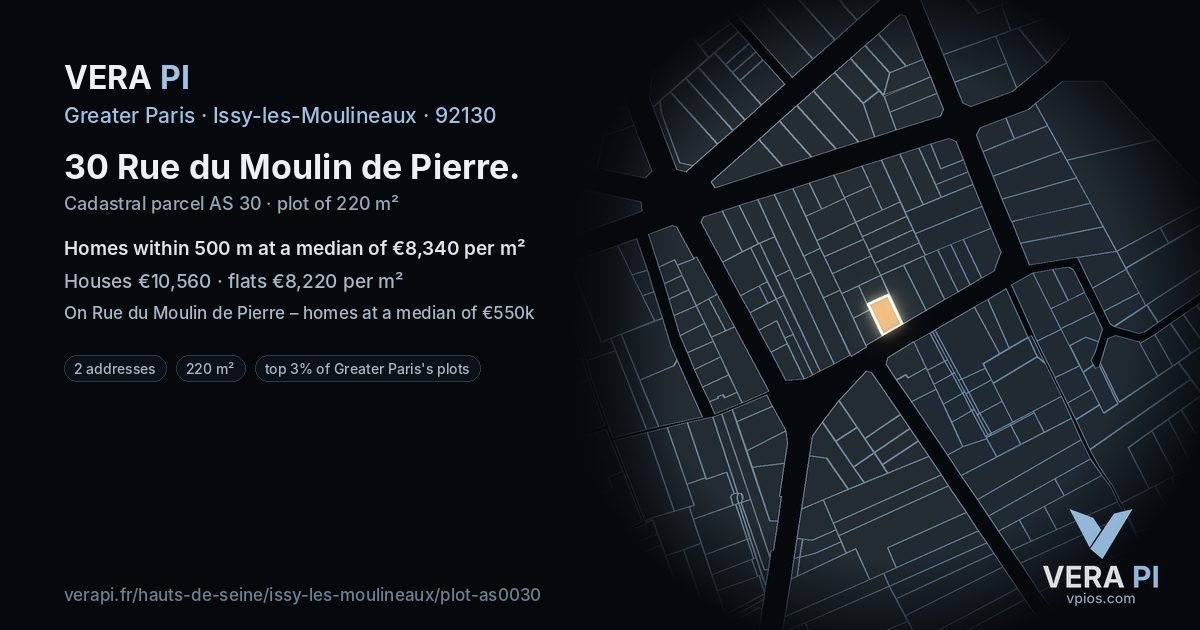 30 Rue du Moulin de Pierre, Issy-les-Moulineaux at night – the plot lit, the parcels around coloured by the prices near them