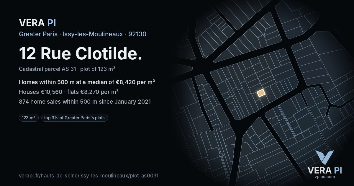 12 Rue Clotilde, Issy-les-Moulineaux at night – the plot lit, the parcels around coloured by the prices near them