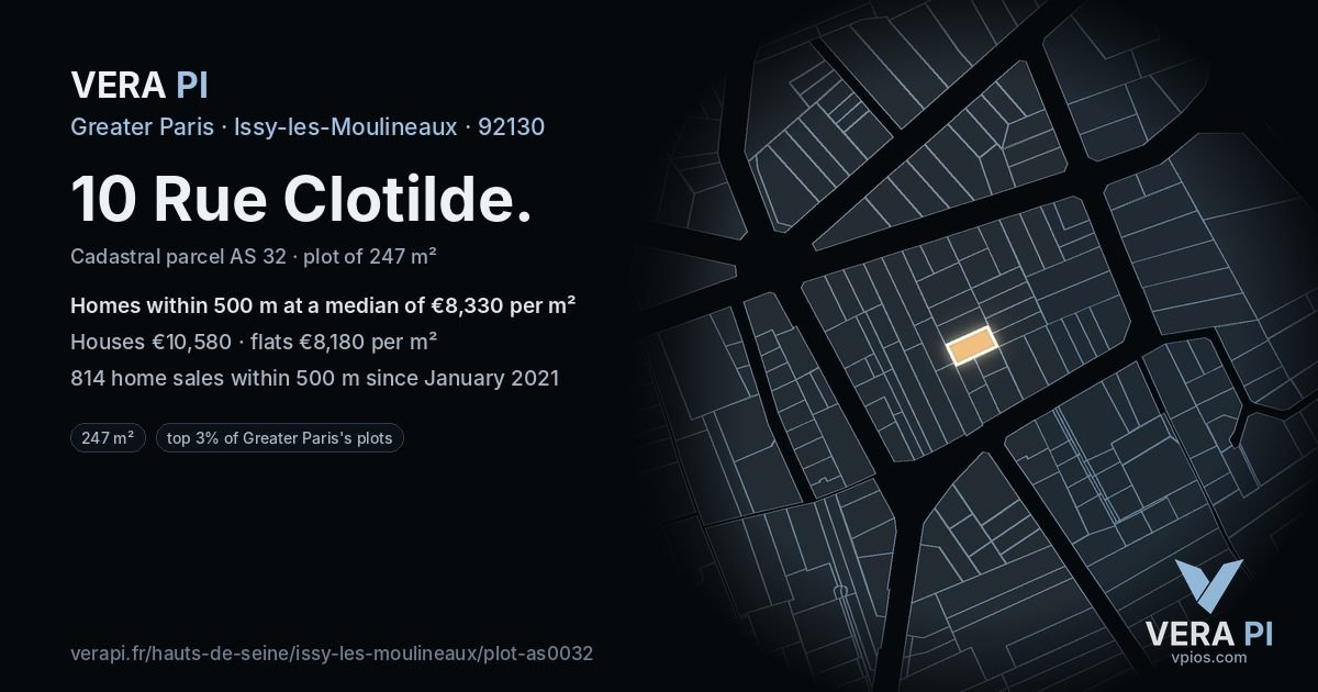 10 Rue Clotilde, Issy-les-Moulineaux at night – the plot lit, the parcels around coloured by the prices near them
