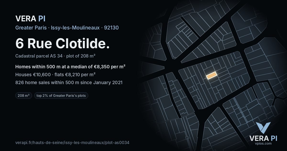 6 Rue Clotilde, Issy-les-Moulineaux at night – the plot lit, the parcels around coloured by the prices near them