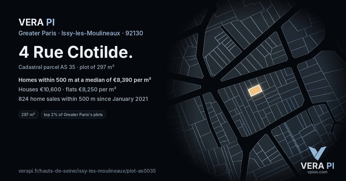 4 Rue Clotilde, Issy-les-Moulineaux at night – the plot lit, the parcels around coloured by the prices near them