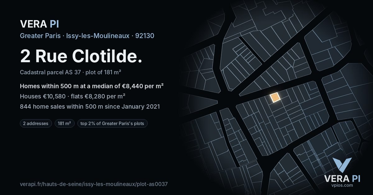 2 Rue Clotilde, Issy-les-Moulineaux at night – the plot lit, the parcels around coloured by the prices near them
