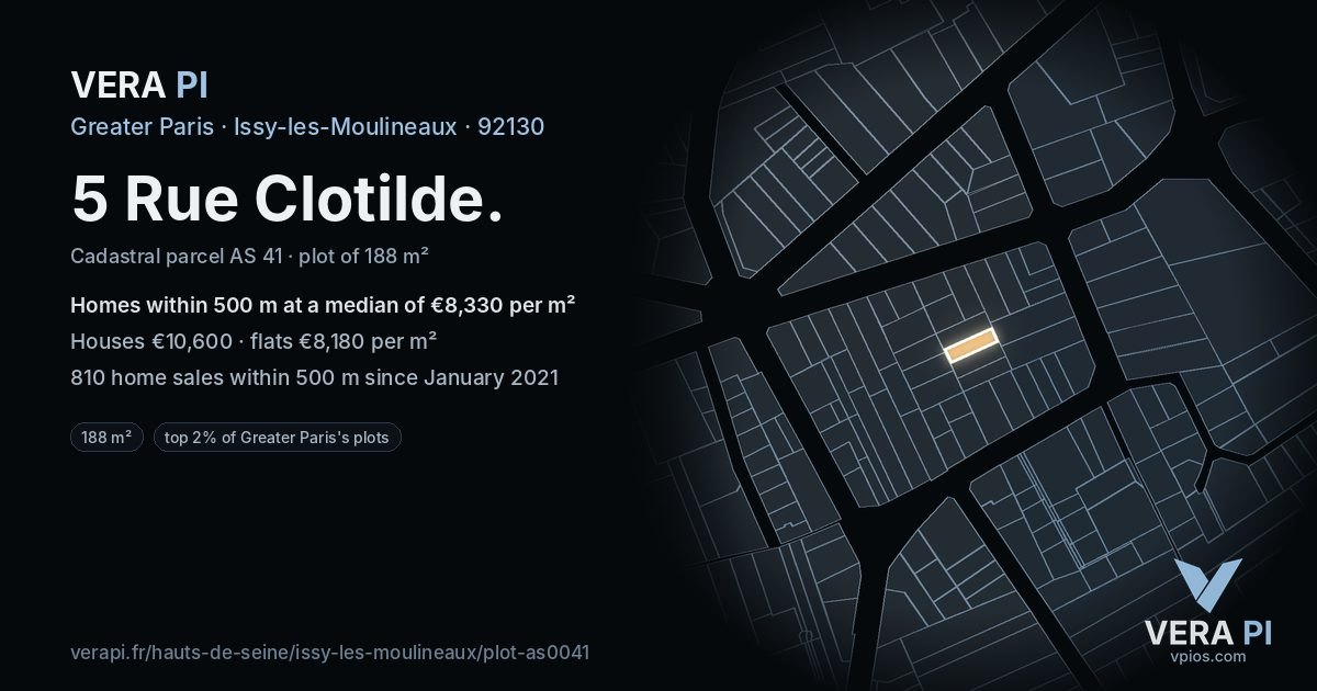 5 Rue Clotilde, Issy-les-Moulineaux at night – the plot lit, the parcels around coloured by the prices near them