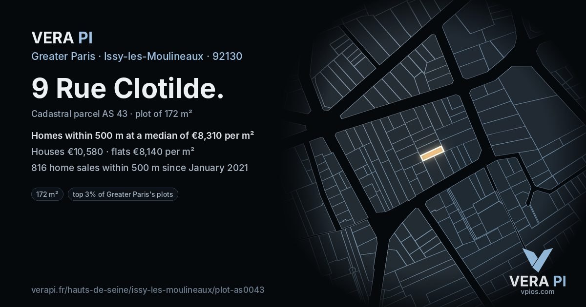 9 Rue Clotilde, Issy-les-Moulineaux at night – the plot lit, the parcels around coloured by the prices near them