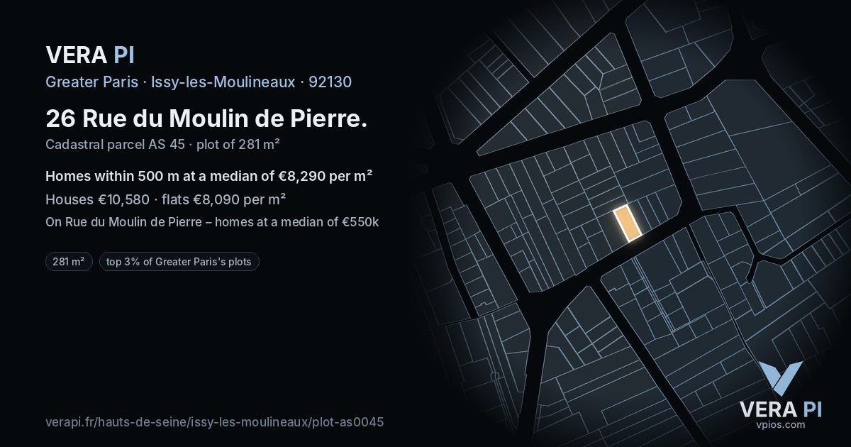 26 Rue du Moulin de Pierre, Issy-les-Moulineaux at night – the plot lit, the parcels around coloured by the prices near them