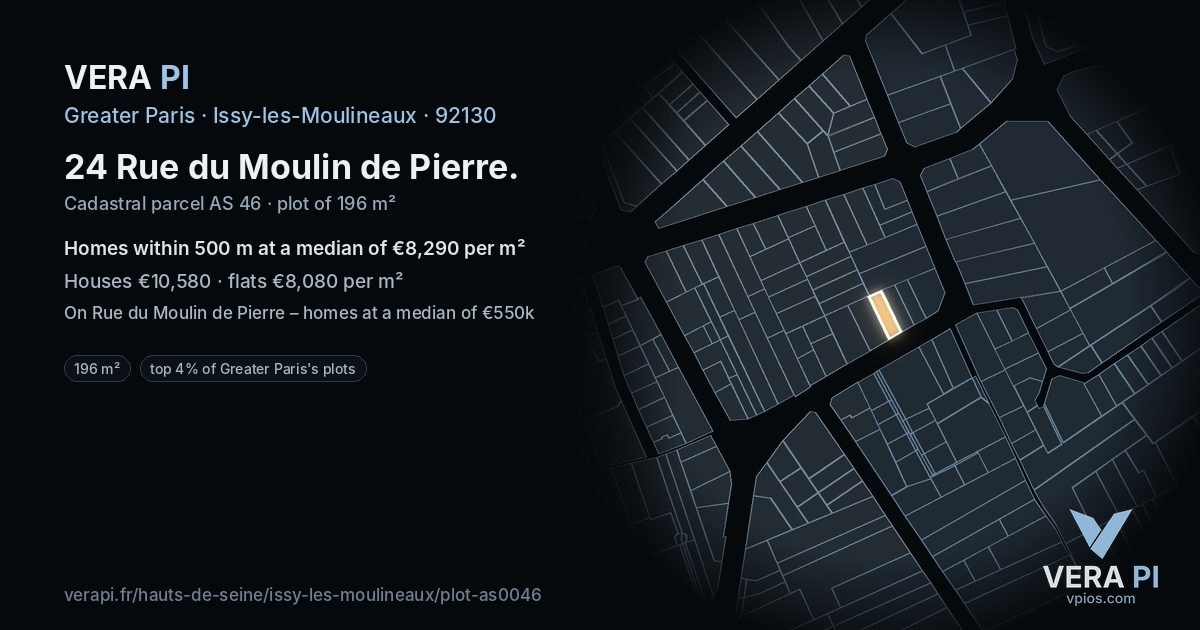 24 Rue du Moulin de Pierre, Issy-les-Moulineaux at night – the plot lit, the parcels around coloured by the prices near them