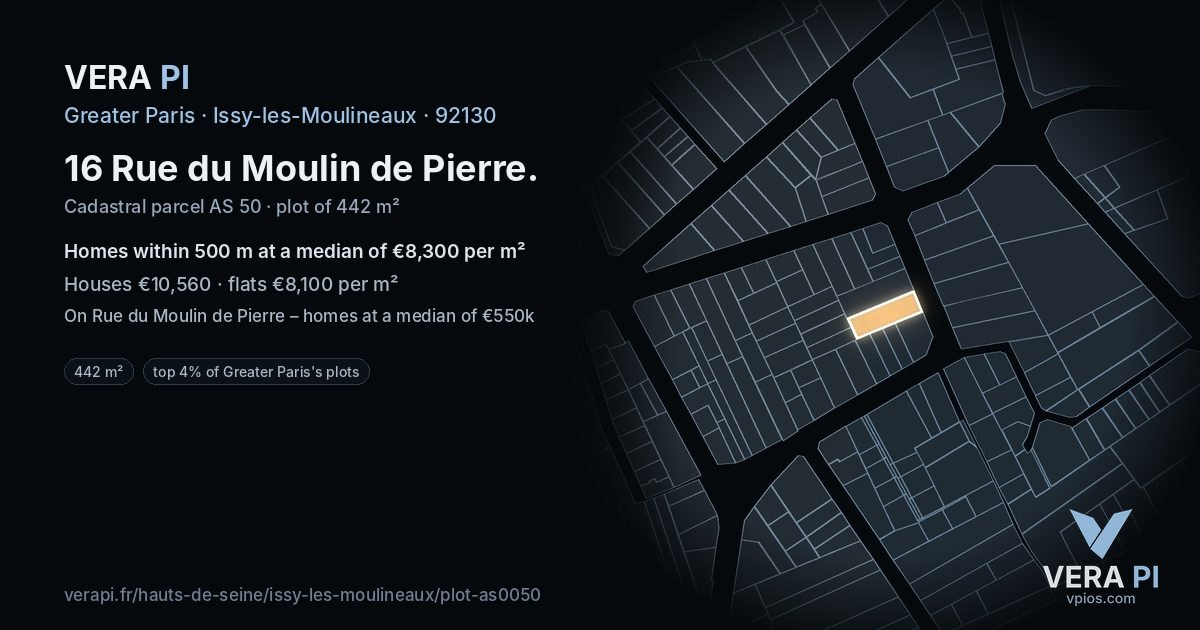16 Rue du Moulin de Pierre, Issy-les-Moulineaux at night – the plot lit, the parcels around coloured by the prices near them