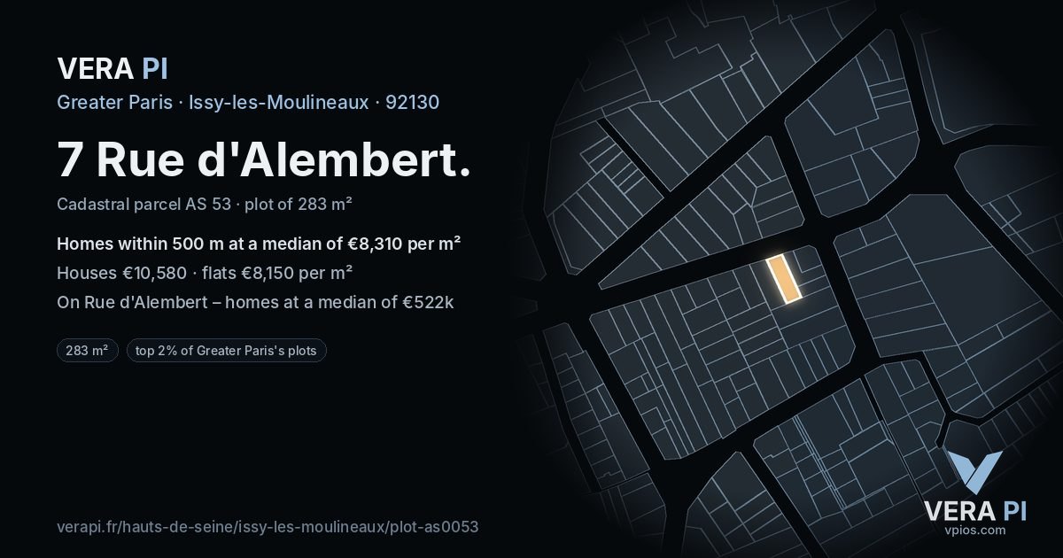 7 Rue d'Alembert, Issy-les-Moulineaux at night – the plot lit, the parcels around coloured by the prices near them