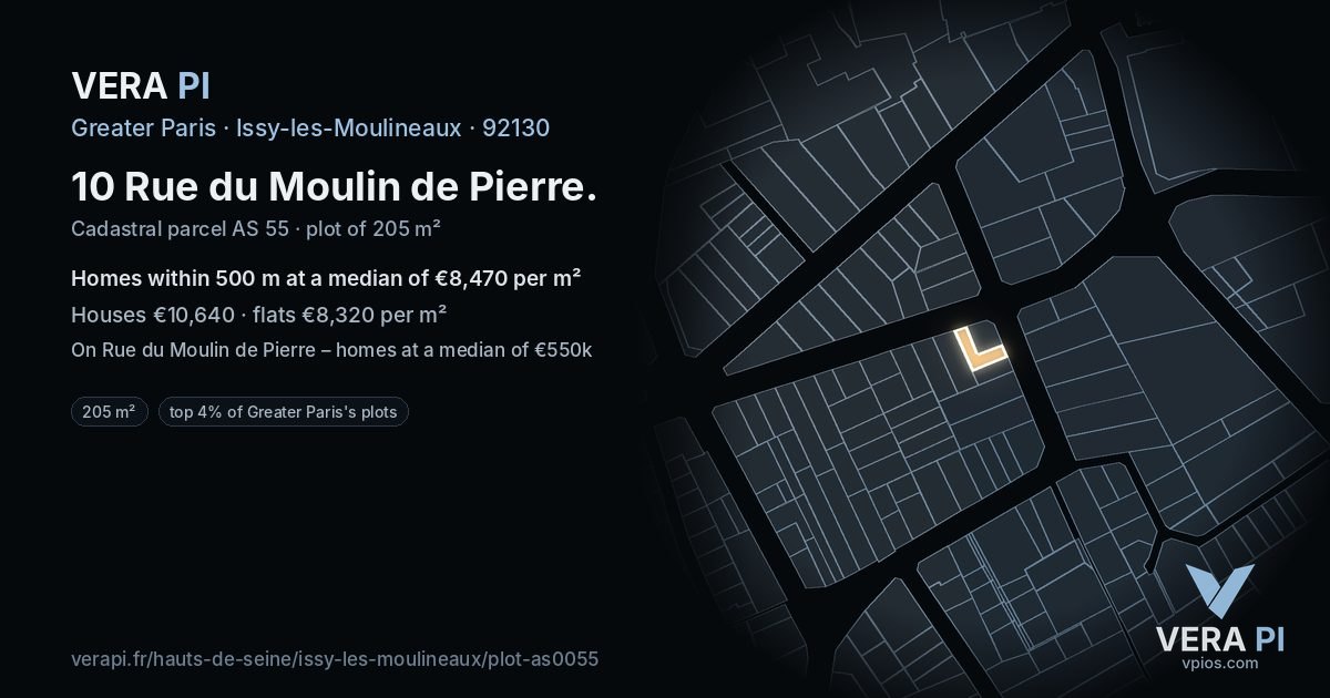 10 Rue du Moulin de Pierre, Issy-les-Moulineaux at night – the plot lit, the parcels around coloured by the prices near them